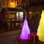 Sapins lumineux au marché de noel en extérieur